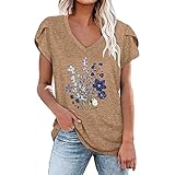 yiouyisheng Tshirt Damen Blütenblatt Kurzarm V-Ausschnitt Sommer Oberteile Frauen T-Shirt mit Blumen Print Bluse Tunika Tee Streetwear Sommershirts Laufshirt Streetw