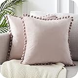 Topfinel Samt Kissen mit Pompoms Einfarbig Kissenbezüge Dekorative Kissenhülle Kopfkissen Sitzkissen Dekokissen Couchkisen für Sofa Schlafzimmer Büro Auto 2er Set 40X40cm Pink …