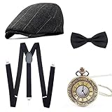 Wagoog 1920s Herren Accessoires Mafia Gatsby Kostüm set Inklusive Panamahut Verstellbar Elastisch Hosenträger Herren Halsschleife Fliege und Vintage T