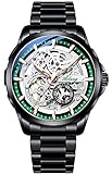 TEINTOP Skelett Uhren für Herren mit Steampunk Automatik Stahlband Armbanduhren (Schwarz Grün)