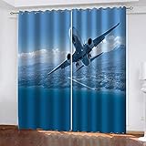 YTSDBB Blickdicht Gardinen für Schlafzimmer Blaues Flugzeug B 200 x H 160 cm Thermovorhang Schlafzimmer Lichtundurchlässig Stoff Lärmschutzvorhang für Junge Mädchen Wohnzimmer Teenag