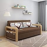 SND-A Schlafsofa Cabrio, Ausziehbare Futon-Couch Aus Massivem Holz, Multifunktions-Schlafsofa Aus Klappstoff Mit Seitentasche, USB-Ladeanschluss Und Aufbewahrungsbox Für Wohnzimmermöbel,Braun,1.85M