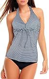 Sommer 2021 -Damen Tankini Set mit Bauch Weg Effekt Push Up Badeanzug Neu f5480 Farbe: A(1444)-S4(NAV) Tankini Blau Weiss, Slip Navy, Gr. 40