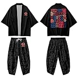CHUIKUAJ Kimono Cardigan Haremshose Set Herren Damen 3/4 Ärmel Jacke - Chinesischer Stil Retro Text Print Harajuku Lose Streetwear,A-XXLarg