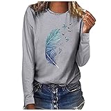 Frauen Freizeit O-Leader Sleeve Federn Druckoberseite Damen Herbst Oberteile Langarm Tee Tops Casual Shirt Hemd Bluse Female Teenager Mädchen Langarm Tshirt Loose Oversize Sweatshirt Ob