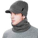 Jeff & Aimy Wintermütze mit Schal Wollbeanie mit Visor Fleece-Schal Nackenwärmer für Herren Grau L