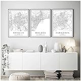 Wwjwhhc Spanien Stadtplan Barcelona Madrid Malaga Sevilla Valencia Zaragoza Poster Leinwand Gemälde Wandkunstdrucke Home Interior Decor 60X80Cmx3Pcs Ohne R