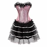 Damen Korsett Kleid Tutu Corsagenkleid Bustier Spitzen Corsage zum schnüren Rock Halloween Burlesque Rosa 4XL