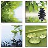 Artland Leinwandbilder auf Holz Wandbild Bild Set 4 teilig je 20x20 cm Quadratisch Wellness Zen Wasser Grün Blätter Stein Pyramide Tropfen S6PI