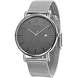 BUREI Stilvolle Minimalistische Ultra Slim Herren Uhr Grau Datum Großes Gesicht Armbanduhr mit Silber Armb