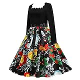 Weihnachtskleid Damen Langarm Vintage Rockabilly Kleid Cocktailkleid Partykleid A-Linie Swing Kleid Bogen Abendkleid Retro Festliche Weihnachten Kleider Christmas D