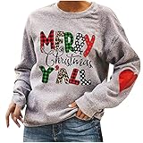 Hekbaep Damen Langarm Pullover Lässig Elegant Herbst WinterWeihnachten Plus Samtpullover Frohe Süßer Merry Christmas Buchstabendruck Rundhals Langarm Einfarbig Shirt 2021 Sweatshirt (Grau, L)
