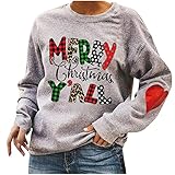 Hekbaep Damen Langarm Pullover Lässig Elegant Herbst WinterWeihnachten Plus Samtpullover Frohe Süßer Merry Christmas Buchstabendruck Rundhals Langarm Einfarbig Shirt 2021 Sweatshirt (Grau, M)