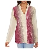 T-Shirt Bedruckte Damen Lässige Mode für Damen mit Farbverlauf glänzenden Pailletten V-Ausschnitt Laterne langärmliges Chiffon-Ob
