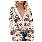 RMBLYfeiye Damen Vintage Strickjacke Nationaler Druck Langarm Casual Kurz Strickmantel Leicht Pullover Einreiher Tops mit V-Ausschnitt und Knop