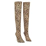 Holibanna Damen Oberschenkel Hohe Stiefel über Dem Knie Stöckelschuhe mit Hohen Absätzen Spitzen Zehen Sexy Leopardenmuster Dünne Absätze Schuhe Absatzhöhe 10