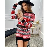 PKYGXZ Damen Weihnachten Langer Pullover Elch Weihnachten Jacquard Langarm Strickkleid Warmer Weicher Strickpullover Rock Lässige Strickw