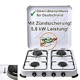 CAGO Campingkocher Gaskocher 4-flammig mit Zündsicherung | inkl. Gasschlauch und Gasregler mit 360°-Manometer Gas Füllstandsanzeige und Schlauchbruchsicherung | Propangas Kochfeld 2 3