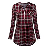 Damen V-Ausschnitt Kariert Bluse 3/4 Ärmel Kurzarm Reißverschluss Tunika Longshirt TShirt Elegant Sexy Tops Langarmshirt Gestreift Kariertes Karo Hemd Blusenshirt Freizeit mit Einstellbare Ä