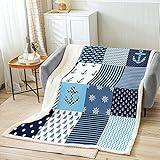 Loussiesd Nautische Kuscheldecke Navigation Thema Patchwork Decke 130x150cm Flanell Fleecedecke Anker Kompass Segelschiff Druck Wohndecke für Kinder Jungen Kind Schlafzimmer Dek