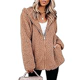 Haiorziyou Damen Plüschjacke Warm Hoodie Winterjacke Mit Kapuze Reißverschluss Einfarbig Lässige Jacken Frauen Kapuzenjacke Große Größe Locker Mantel Mit Taschen Ob