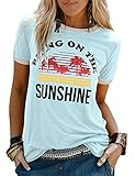 Bluse Damen Sommer Rundhals Spleißen Brief Kokosnussbaum Drucken Damen Shirt Großzügig Beiläufig Klassisch Persönlichkeit Elastizität Einzigartiges Einfachheit Damen Top E-Sky Blue M