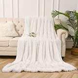 QXKAKA Überwurfdecke aus Kunstfell, superweiche, flauschige Decken, flauschige Plüsch-Überwürfe mit Sherpa, bequeme zottelige Luxus-Decke für Couch, Bett, Wohnzimmer, cremeweiß, 127 x 152
