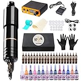 Tattoo Kit Complete Professional Machine Set Inks Power Supply EU Plug Needle Grips Tips and Practice Skin (tattoo pen kit)