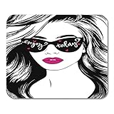 Semtomn Mauspad Gummi Mini Rechteck Braune Frau Schönes Mädchen Langes Haar Tragen Sonnenbrille Rot Schwarz Mousepad Smooth Gaming Notebook Computerzubehör Backing