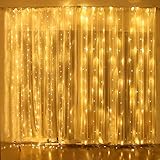 Lichtervorhang 3x3m, Lichterketten Vorhang 300 LEDs Warmweiß mit Haken und Anhänger, 8 Modi Dimmbar Kupferdraht Lichterkette mit Stecker für Weihnachten, Kinderzimmer, Außen Innen, Party, Hochzeit usw