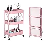 XIAOYAN Wohnzimmer-Lagerregal Mit Rädern 3-stufiger Klappwagen Küchenschrank Für Enge Räume Wagen Mit Hoher Kapazität Und Multifunktion(Color:Rosa)