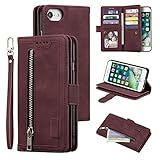 UEEBAI Hülle für iPhone SE 2020 iPhone 7 iPhone 8, Vintage Reißverschluss Handyhülle PU Leder Handytasche Silikon Bumper mit 9 Kartenfächer Geldbörse Trageband Schutzhülle Flip Case - Wein R