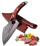 Küchenmesser für alle Zwecke, Professionelles Handgeschmiedetes Universalmesser, Antihaft-Ausbeinmesser, Kochmesser, Hackmesser, Japanischer Stahl, Damast Stil, Holzgriff mit Lederscheide (braun)