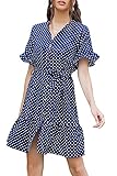 heekpek Sommerkleider für Frauen Casual Sommerkleid Strandkleid Knopf T Shirt Kleid V-Ausschnitt Kurzarm Hemdkleid Gr. L, navy