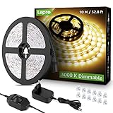 Lepro LED Strip 10M Warmweiss, LED Streifen Warmweiß 3000K Dimmbar, 600 LEDs 2835 LED Band Selbstklebend, Superhell LED Lichtband Leiste mit Netzteil, Lichterkette Kette für Innen Küche Heim Dek