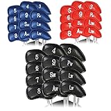 Golf Schlägerhauben Eisen Golfschläger Schlägerkopfhüllen Wert 12 Stück Set, Iron Club Head Covers Schwarz Blau Rot mit Gedruckter Nummer, Kunstleder Golfschlägerhaube Headcover für Aller Mark
