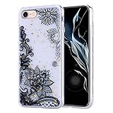 Misstars Glitzer Hülle für iPhone 6S, Bling Pailletten Transparent Weich TPU Silikon mit Schwarz Blumen Malerei Muster Backcover Anti-Rutsch Kratzfeste Schutzhülle für Apple iPhone 6 / 6S (4,7')