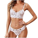 XUEBing Dessous-Set für Frauen, 2-teilig, bestickter Spitzen-BH, durchsichtiger Taillengurt, Dessous, G-String, sexy Set, Body, Babydoll, Weiß