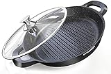 Grillpfanne - Antihaft-Guss-Aluminium-Grillplatte mit Edelstahlboden & Silikongriffen - ofenfester Glasdeckel, spülmaschinenfest - BBQ, Gas-, Elektro- & Induktionsherd (Black, 32cm)