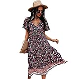 MYBOON Damen Sommer Rüschen Kurzarm Sexy V-Ausschnitt Boho Floral Swing Midi Langes Kleid, Damen Kleid, Dunkelblau (XL)