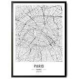 JUNOMI® Paris Poster XL Schwarz Weiss, DIN A2 Wohnzimmer Deko, Modernes Wandbild, Paris Bild, Wandbild ohne Rahmen, Stadtplan Poster Paris, perfekte Geschenk