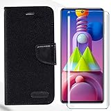 Tasch HYMY Handytasche für Realme GT Neo2 Hülle + Panzerglas für Realme GT Neo2 Schutzfolie - Schutzhülle Denim PU Leather/Card Cash Holder/Strong Magnetic/with Camera Hole-Black