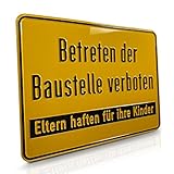 Betriebsausstattung24® Hinweisschild zur Grundbesitzkennzeichnung „Betreten der Baustelle verboten! Eltern haften für ihre Kinder“ | 25,0 x 15,0 cm | Aluminium geprägt | gelb