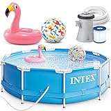 INTEX 305x76 cm Metal Frame Swimming Pool Schwimmbecken 28202 Komplett-Set mit Filterpumpe und Extra-Zubehör wie: Strandball und Schwimmring