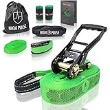 High Pulse® Slackline Set | 15 m – Komplettes Slackline-Set (12,5 m Band + 2,5 m Ratschenband) mit Ratsche, Ratschenschutz, Hilfsline, Balancierhilfe, Baumschutz und Transportb