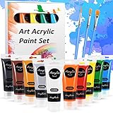 RATEL Acrylfarben Set, Premium 13 Acrylfarbe-Set Bunt mit 10 x 120ml Pigment + 3 Pinselstift-Ungiftige und vibrierende Farben Acrylfarben-Set für Papier, Stein, Holz, Keramik, Stoff, Kunsthandwerk