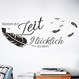 decalmile Wandtattoo Sprüche und Zitate Nimm Dir Zeit glücklich zu Sein Vögel Federn Wandsticker Schwarz Wandaufkleber Schlafzimmer Büro Wohnzimmer Wanddek