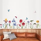 decalmile Wandtattoo Bordüre Garten Blumen Wandsticker Rote Mohn Iris Schmetterling Wandaufkleber Wohnzimmer Schlafzimmer Wanddek