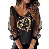Damen T Shirt Pullover Tunika Bluse mit Langen Sweatshirt Pullover Damen Langarmshirts Sparkly Print Sternen und Pailletten Shirts Tunika Bluse Longshirt Bluse Tops Sommer Rundhals Bluse Top