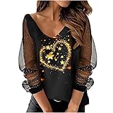 Partygirl Damen Netz Gaze Transparente Nähte Langarmshirt mit glänzendem Druckmuster V-Ausschnitt Pullover T-S